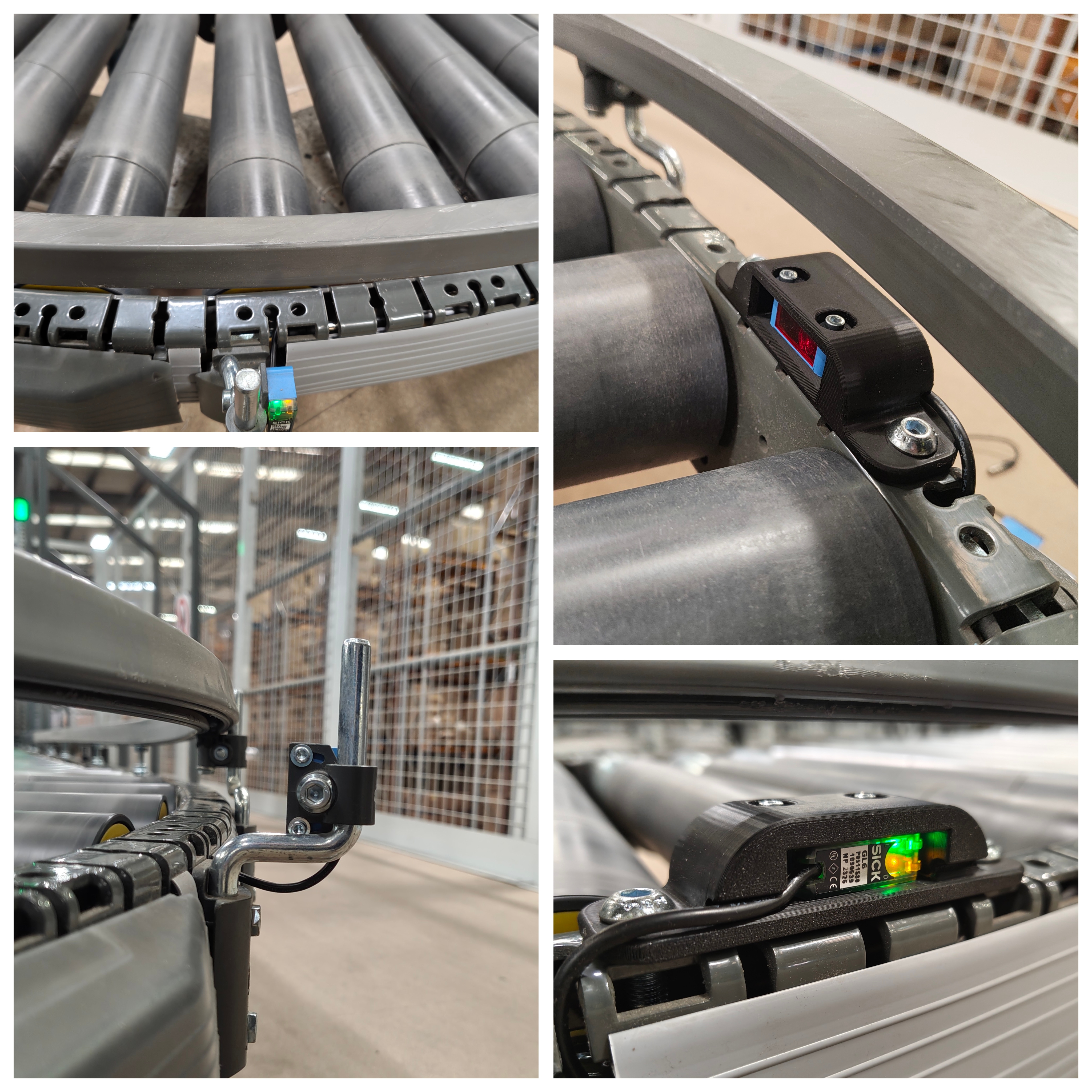 SICK photoelectric sensor mount installed on curved conveyor — four views showing problem location, bracket detail, and sensor position