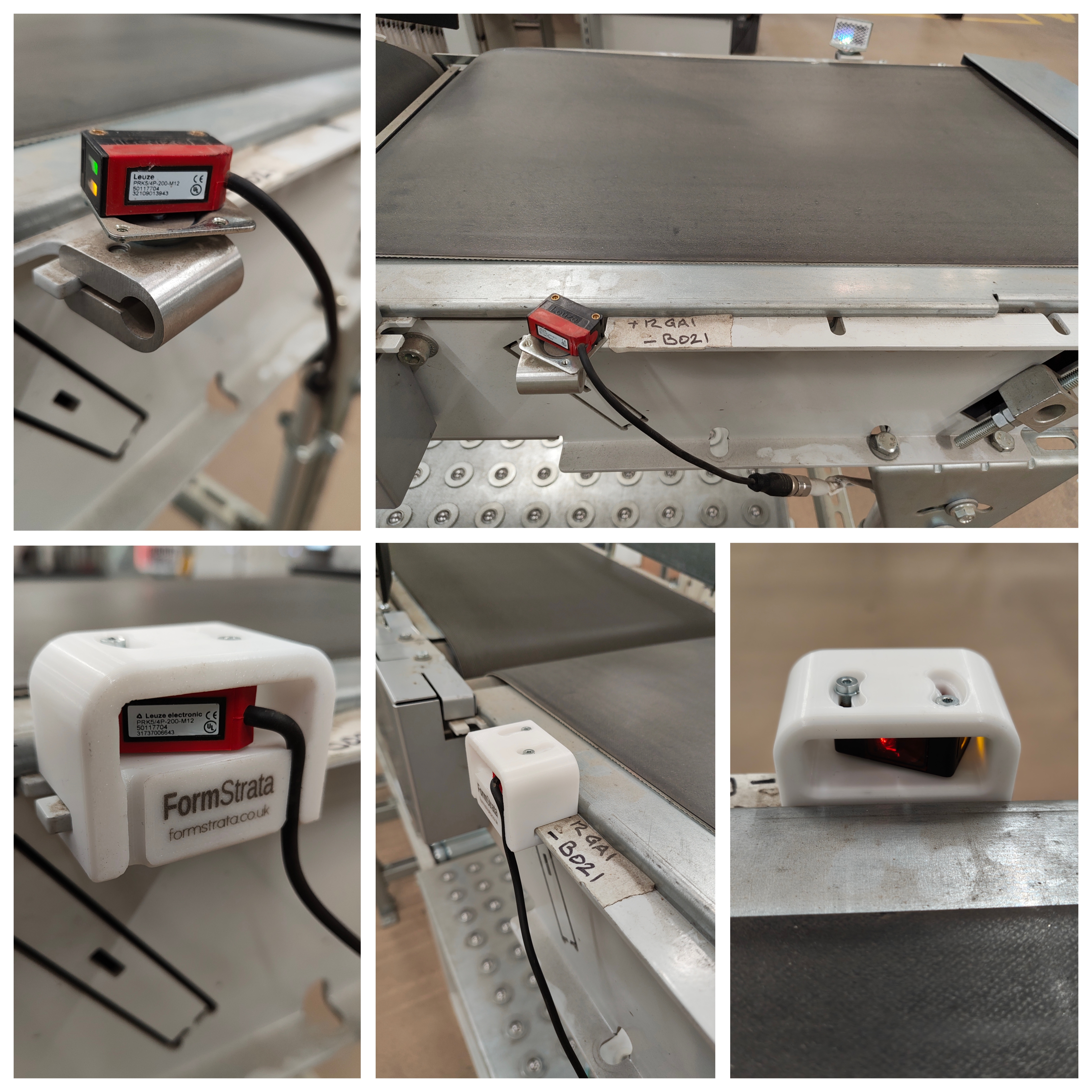Leuze sensor bracket installed on belt conveyor — five views showing sensor before, bracket installed, FormStrata branding, side profile and sensor aperture